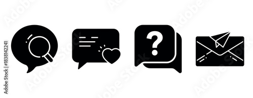 Communication icons: search, chat, faq, email - silhouette set