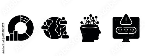 Set of business icons featuring graph, global connection, ai, and cybersecurity