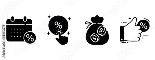 Icons representing calendar discounts, percentage click, money bag, and thumbs up approval