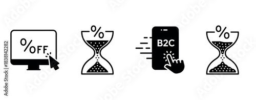 E-commerce symbols: discount monitor, hourglasses, b2c mobile icon