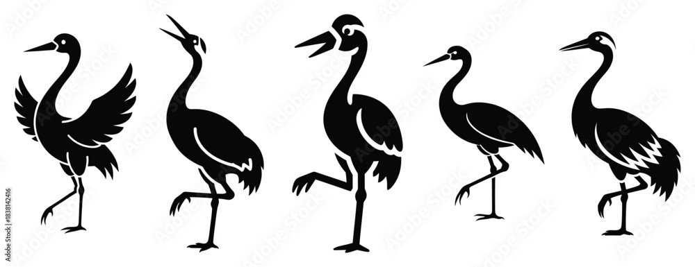 Fototapeta premium cheerful crane silhouette icon set. Animals icons collection. Animal silhouette icons. Isolated on White background