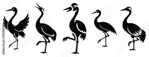 cheerful crane silhouette icon set. Animals icons collection. Animal silhouette icons. Isolated on White background