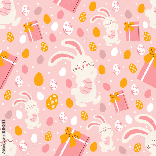 Seamless pattern with cute bunny,eggs and gifts.Elements for printing,fabric, stationery, wrapping paper,packaging, etc. Vector illustration