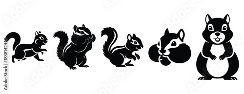 cheery chipmunk silhouette icon set. Animals icons collection. Animal silhouette icons. Isolated on White background