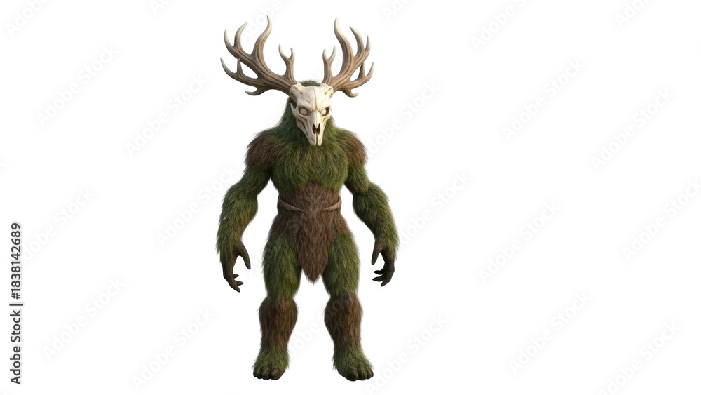 Fototapeta premium Isolated monster figure of fur-covered anthropomorphic creature wearing animal skull and antlers