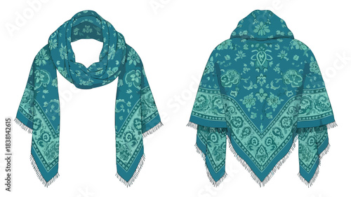 Teal Bohemian Elegance: A Floral Print Scarf and Shawl Featuring Intricate Paisley Patterns Adorned with Delicate Fringes Showcasing Artistic Styling