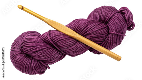 Foto Isolated yarn skein with wooden crochet hook for fiber arts crafting projects ac
