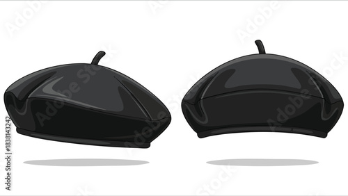 Illustration showcasing symmetrical and stylized black berets representing artistic headwear fashion and classic french style icons