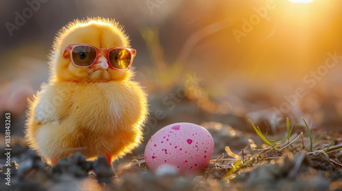 Adorable yellow chick wearing sunglasses next to a pink speckled egg on a soft surface under warm lighting. Cool Yellow Chick in Sunglasses Beside Pink Egg