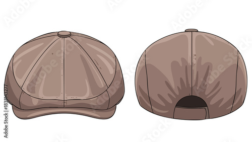 Illustration showcasing a flat cap design from front and rear perspective in neutral tones suitable for fashion accessory design or product