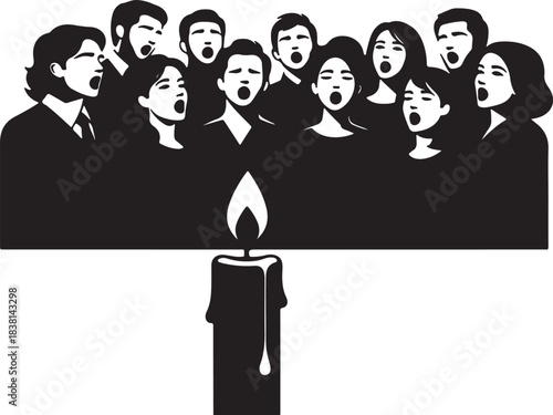 Choir Singing Around a Candle Silhouette on White Background music group