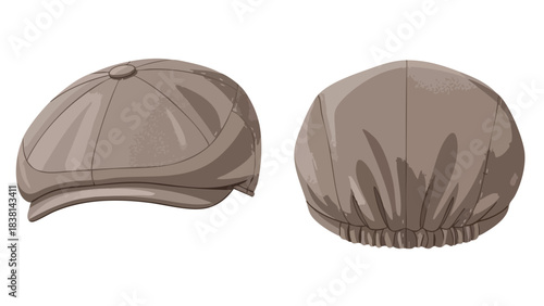Front and Rear View Depiction of a Newsboy Cap: A Classic Hat Presented in Different Perspectives