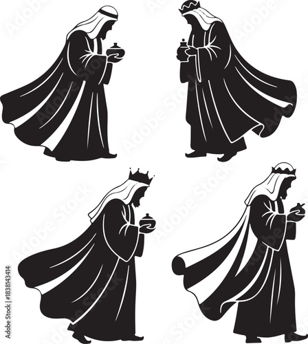 Four Silhouetted Wise Men Offering Gifts in Various Poses on White Background kings magi