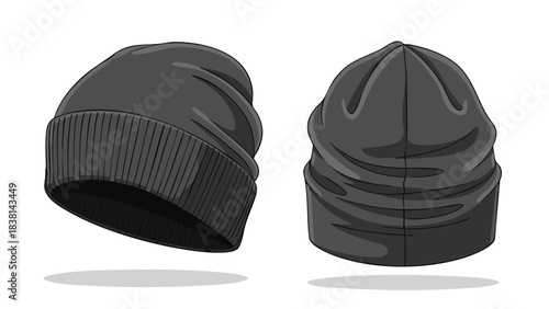 Two views of a digitally illustrated black beanie hat, showcasing its knitted texture and simple design in a modern vector style