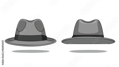 Illustrated gray fedora hats pair, timeless fashion accessory with shadows and clean design, offering vintage stylish design element for elegant