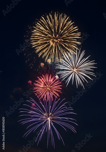 Vibrant fireworks bursting in night sky — golden, red, purple, and white explosions create dazzling celebration display for holidays and events


