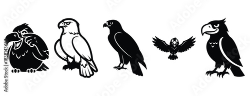 hilarious hawk silhouette icon set. Animals icons collection. Animal silhouette icons. Isolated on White background