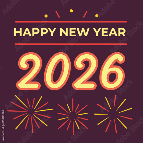 Bright yellow neon numbers announce happy new year 2026 with festive fireworks below