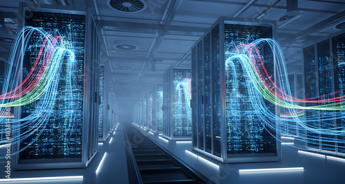 Modern Server Room Interior with Glowing Blue Data Cables