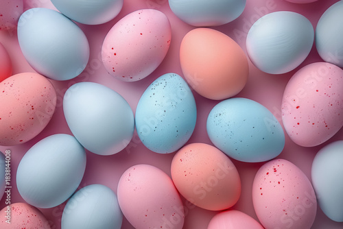 Top view of colorful Easter eggs in pastel shades arranged on a pink background, featuring soft textures and smooth gradients, festive and vibrant concept for seasonal celebration and decoration