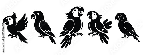 peppy parrot silhouette icon set. Animals icons collection. Animal silhouette icons. Isolated on White background