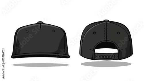 Vector illustration showcasing a black snapback cap, front and back views, on a clean white background ideal for fashion designs and apparel mockups