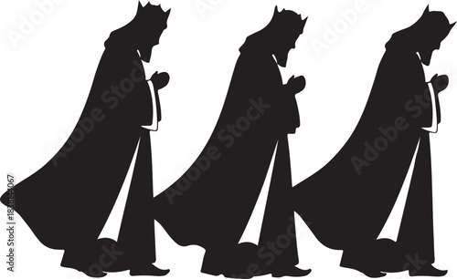 Three Kings Silhouette with Hands Clasped in Prayer on White Background magi nativity