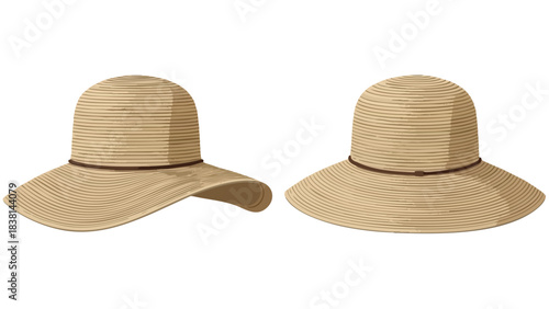 Elegant wide-brimmed hats, beige with brown accent, conveying sun protection and summer style fashion accessories for warm weather