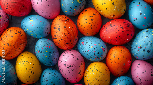 Top view of colorful Easter eggs in vivid blue, pink, orange, and purple shades decorated with shimmering metallic dots and patterns on a dark background, festive and luxurious springtime concept