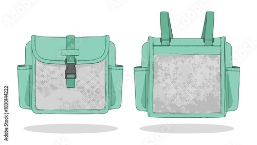 Cartoon illustration of a light green bag with front and rear view over white background