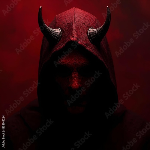 Satanic Red Hooded Demon with Glowing Horns