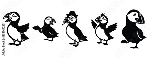 prankster puffin silhouette icon set. Animals icons collection. Animal silhouette icons. Isolated on White background