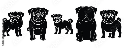 prankster pug silhouette icon set. Animals icons collection. Animal silhouette icons. Isolated on White background