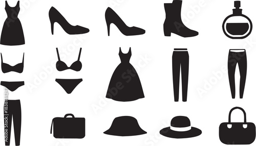 Women's Fashion Icons Including Dresses High Heels Boots and Hats. A black-and-white illustration representing apparel and accessories