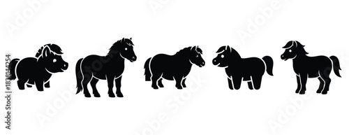pudgy pony silhouette icon set. Animals icons collection. Animal silhouette icons. Isolated on White background