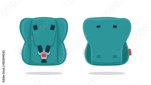 Turquoise baby car seat illustration showcasing safety features from front and rear perspectives for child protection and security equipment