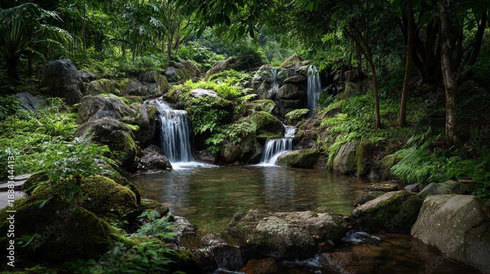Obraz premium Small waterfalls flow into a calm pool surrounded by green plants and large rocks in a forest setting