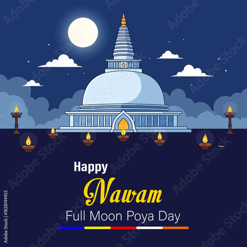 Nawam Poya Day Wishes Flyer: Gold Stupa, Praying Monks, Bodhi Tree, Pinbara Nawam Wewa Vector Graphic