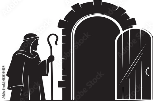 Silhouette Shepherd Standing Before Open Arched Doorway with Wooden Door vector illustration