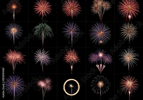 Assorted fireworks display with colorful bursts and patterns against black night sky, perfect for celebrations, holidays, and festive events


