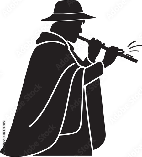Silhouette of Musician Playing Flute with Cape and Hat instrument