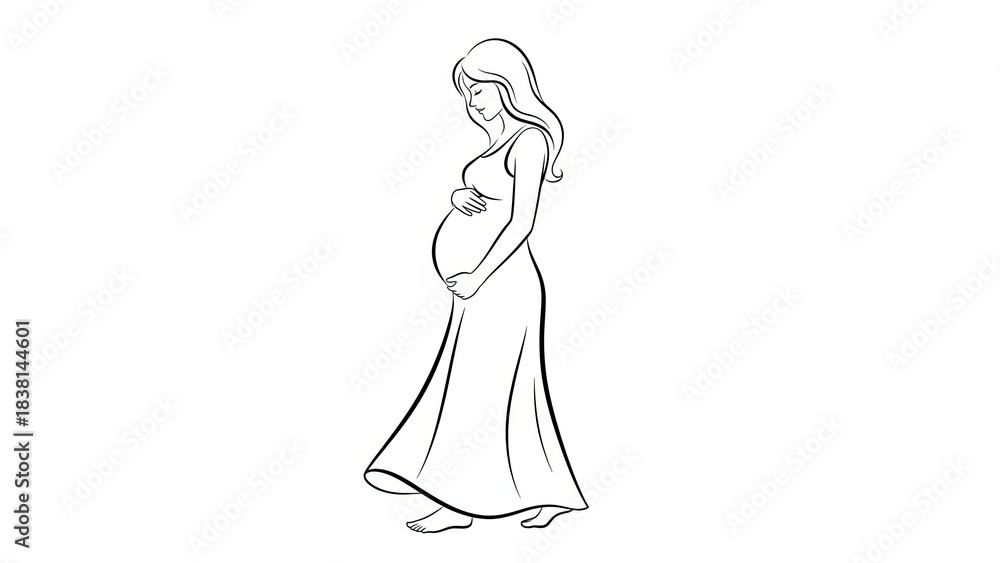 Fototapeta premium Elegant black and white drawing of a pregnant woman in a long dress