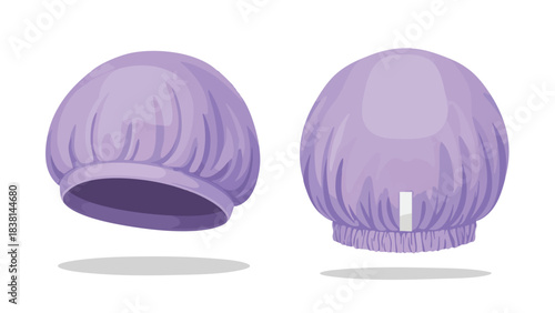 Illustration of a lavender shower cap with detailed pleats and elasticized edges shown from two different viewpoints creating a simple aesthetic