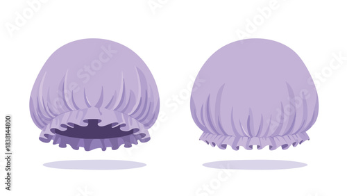 Illustrated lavender shower caps in minimalist style on white background for hygiene and personal care solutions