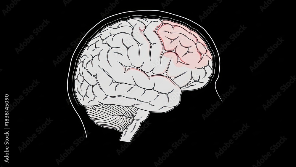 Obraz premium Illustration showing human brain anatomy with frontal lobe highlighted and black background