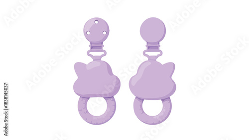 Adorable lilac baby teething rings with cloud and cat ear designs isolated on a clean white backdrop showcasing playful pastel aesthetics for