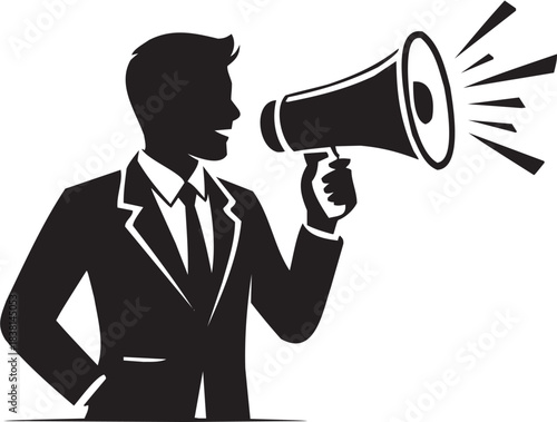 Person in Suit Speaking Through Megaphone. A black-and-white icon representing business and public speaking
