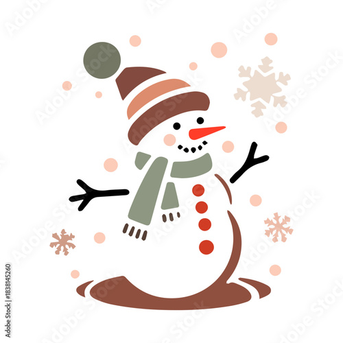 Snow Man with surrounded snowflakes isolated vector illustration for Christmas