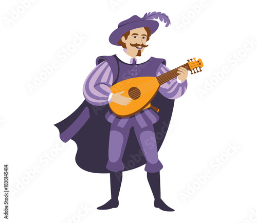Musician in historical costume playing a lute with a feathered hat