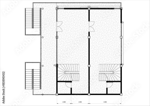 2D technical architectural drawing of the third floor plan for a commercial or mixed-use building with dimensions. Concepts related to technical architectural drawing standards, commercial unit space